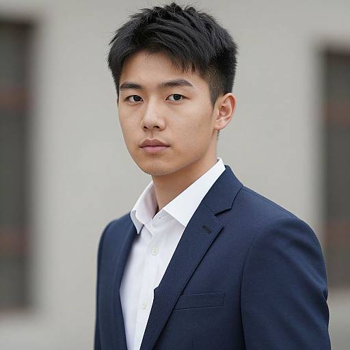 Photograph of an Asian man with short black hair, wearing a navy blue suit and white shirt, standing against a blurred white background.