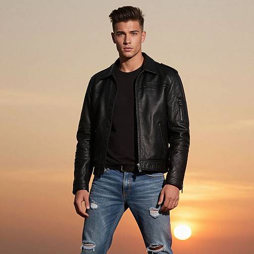 Photograph of a handsome young man with short brown hair, wearing a black leather jacket and ripped blue jeans, against a vibrant sunset background.