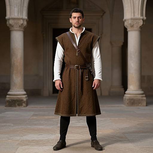 Photograph of a bearded man with short dark hair, wearing a brown medieval-style vest over a white shirt, black pants, and boots, standing