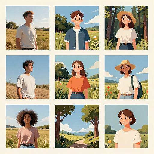 Illustration grid: Six men, six women, diverse ethnicities, casual summer outfits, standing in sunny fields and forests, clear blue skies.