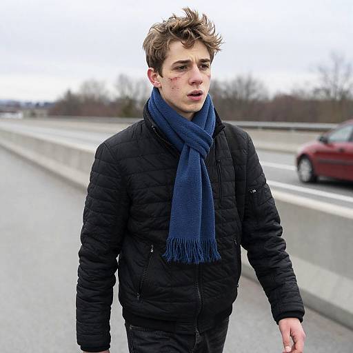 Young Man Walking on Highway Overpass