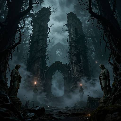 Mysterious, dark blue-lit forest ruins with two silhouetted statues on either side, three torch-bearing figures in misty background. Gothic
