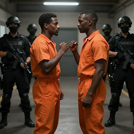 Dimly Lit Prison Confrontation, Tense Standoff