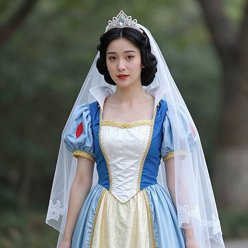 Photograph of an Asian woman in a Snow White costume, blue and gold dress, white apron, veil, tiara, standing in a forest