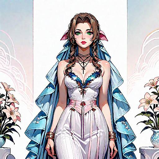 Digital art of a green-eyed, brown-haired woman in a white dress with blue lace, blue veil, and cross necklace, standing against a white background