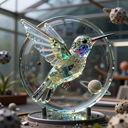 Crystalline Hummingbird Glass Sculpture