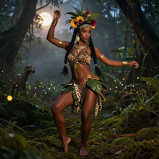 Digital artwork of a dark-skinned African woman in a leopard-print bikini, tribal headdress, and leaf skirt, dancing in a misty forest with