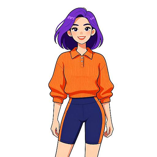 Digital anime-style drawing of a smiling woman with purple hair, wearing an orange ribbed sweater and black athletic shorts with orange stripes.
