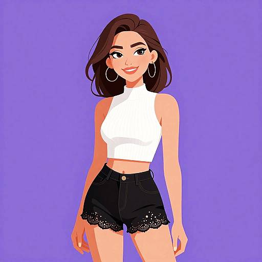 Digital illustration of a smiling woman with dark brown hair, wearing a white crop top and black high-waisted shorts, against a purple background. Large