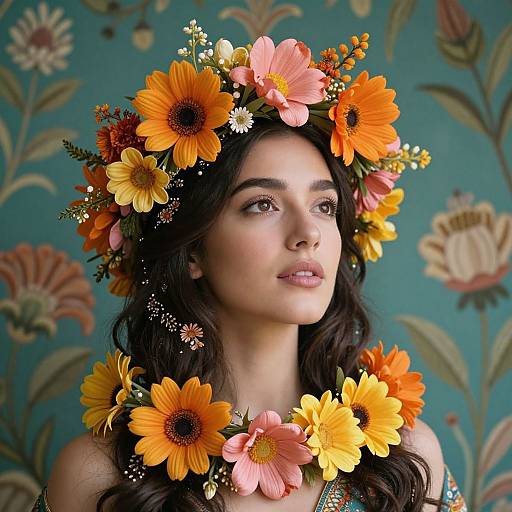 Photograph of a young woman with long, dark wavy hair, wearing a vibrant flower crown and necklace, against a blue floral-patterned background.