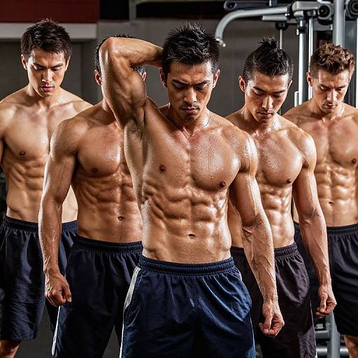 Photograph of four muscular, shirtless Asian men in black gym shorts, standing in a dimly lit gym, highlighting their defined abs and glistening