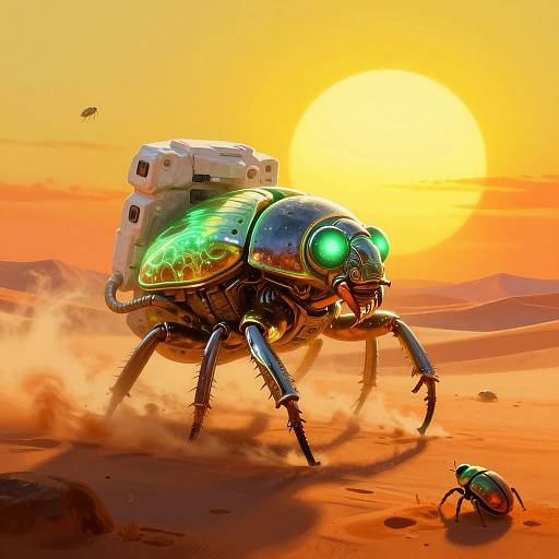 Digital illustration of a futuristic, glowing insectoid robot with green eyes, metallic exoskeleton, and mechanical backpack, in a vibrant orange desert at sunset