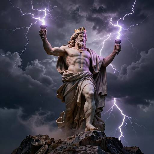 Photorealistic digital art of Zeus statue with lightning bolts, muscular, crowned, holding torches, draped in toga, stormy dark cloudy sky