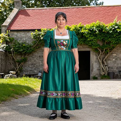 Photograph of a smiling woman with dark hair in a green medieval-style dress, standing on a gravel path in front of a stone house with a red