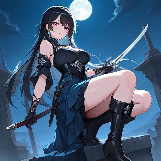 Moonlit Red-Eyed Swordswoman Under Full Moon