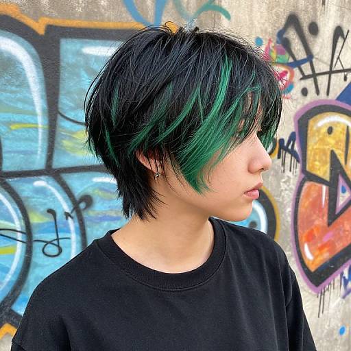 Photograph of an Asian woman with short black hair and green highlights, wearing a black shirt, standing in front of colorful graffiti-covered wall.