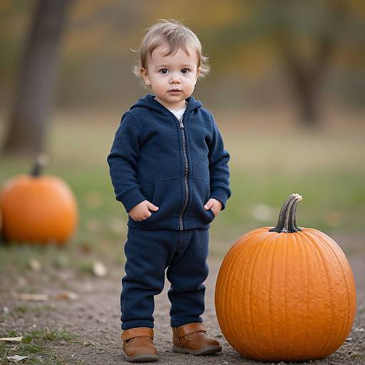 Photograph of a cute toddler with light brown hair, wearing a navy hoodie and pants, brown shoes, standing beside a large orange pumpkin in a blurred