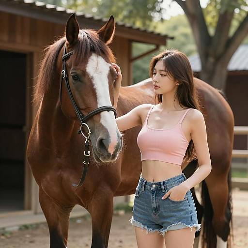Young Woman with Horse Outdoors