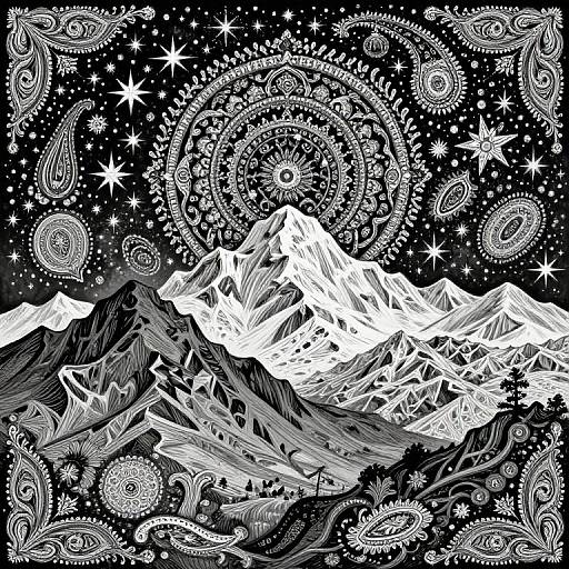 Black and white digital drawing of snow-capped mountains surrounded by intricate, star-filled, paisley-patterned sky with swirling, circular designs.