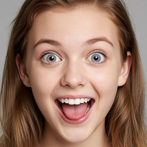 Photograph of a young Caucasian woman with light brown hair, blue eyes, and a wide, joyful expression, sticking out her tongue against a plain gray