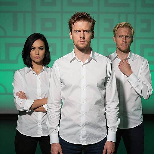 Three People in White Shirts with Serious Expressions