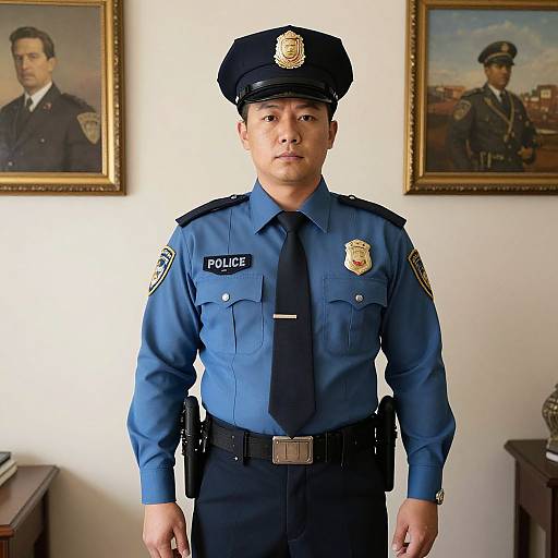 Photograph of a serious Asian male police officer in blue uniform, standing in front of framed portraits of fellow officers.