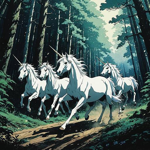 Anime Style Mystical Unicorns in Forest