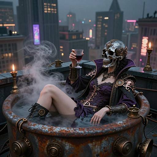 Gothic woman with skull mask, purple dress, and black boots, relaxes in smoky, industrial rooftop tub, holding glass, city lights