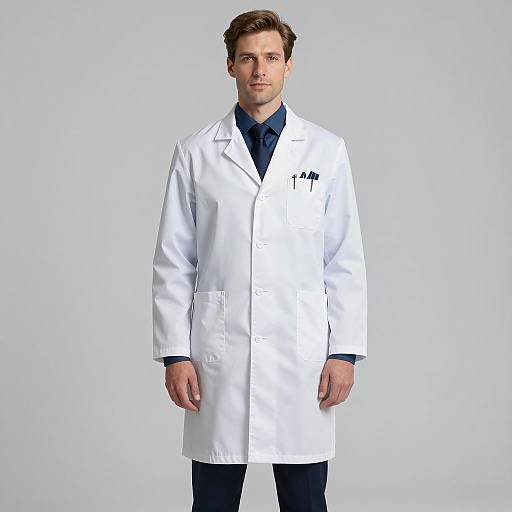 Man in White Lab Coat and Dark Blue Shirt