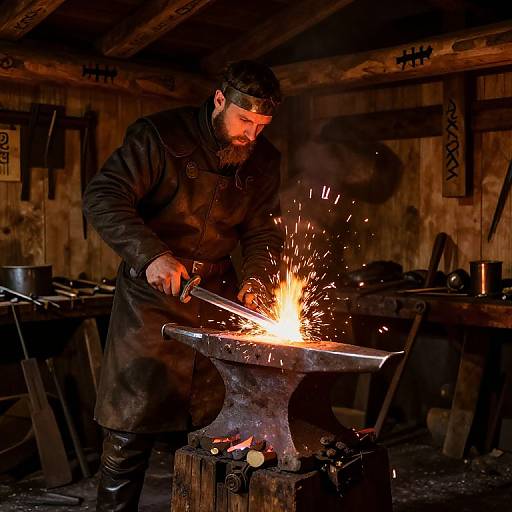 Photograph of a bearded blacksmith in a dark wooden workshop, wearing a black coat, striking a glowing forge with sparks flying, standing at an