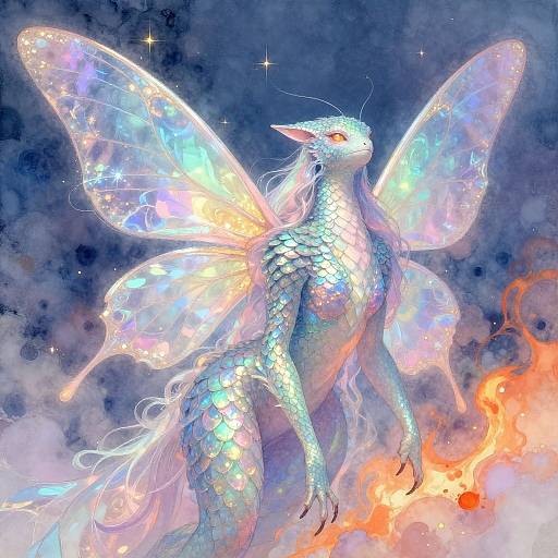 Digital art of a shimmering, ethereal dragon with iridescent wings, glowing blue and purple scales, standing amidst swirling clouds and orange flames,