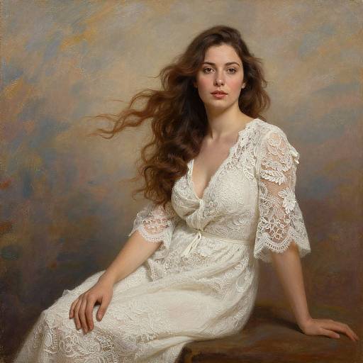 Photograph-style painting of a fair-skinned woman with long, wavy brown hair, wearing a white lace dress, sitting against a textured, mult