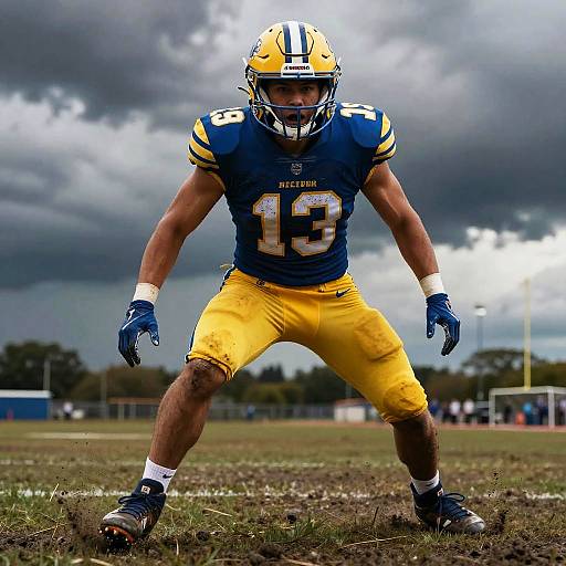 Photograph of a muscular male American football player in blue and yellow uniform, number 13, standing ready on a grassy field under a stormy