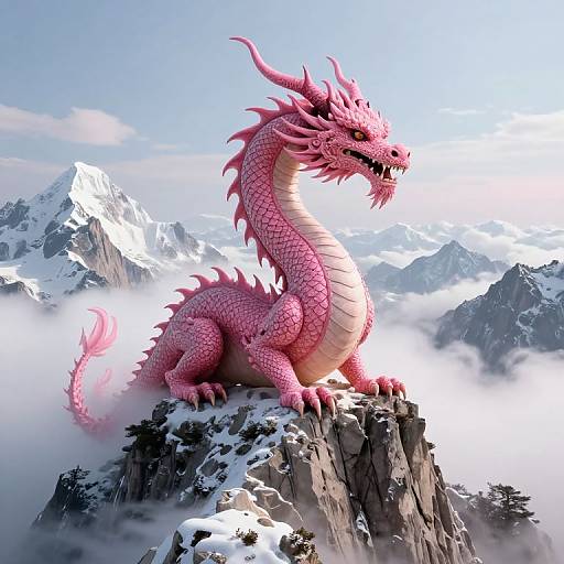 Digital artwork of a pink, scaly dragon with spiky horns and sharp claws perched on a snowy mountain peak, surrounded by misty clouds and