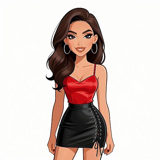 Digital illustration of a smiling woman with long brown hair, wearing a red spaghetti strap top, black lace-up skirt, and large hoop earrings, against a