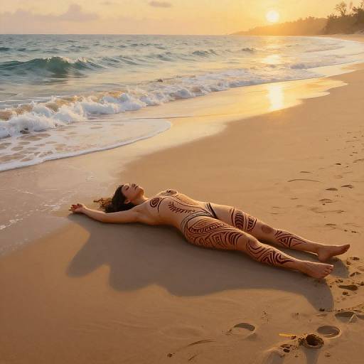 Nude woman with intricate red body paint lies on sunlit beach at sunset, waves gently touching her, serene expression, sandy shore.