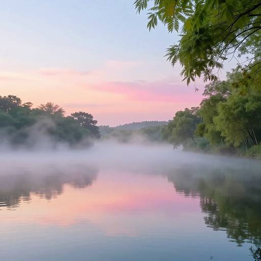 Photograph of a tranquil river at dawn, reflecting pink and blue sky, surrounded by misty trees and green foliage.