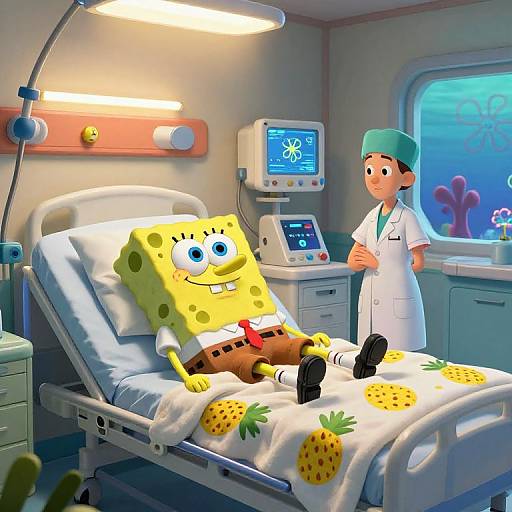 Digital cartoon of SpongeBob SquarePants in a hospital bed, wearing brown pants and red shirt, with a pineapple-patterned blanket, and a doctor