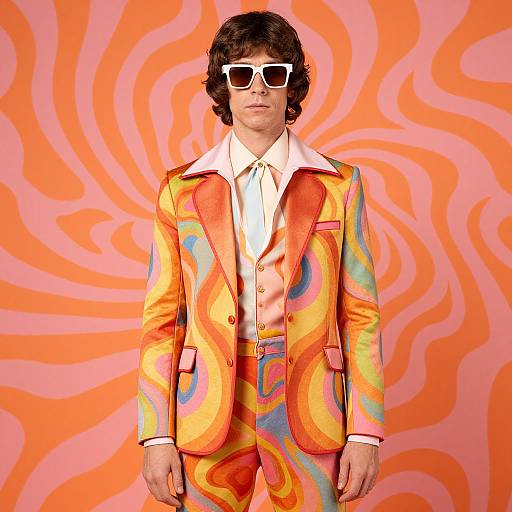 Photograph of a man with curly hair wearing white sunglasses, a vibrant orange, yellow, and pink swirl-patterned suit, and white shirt, set