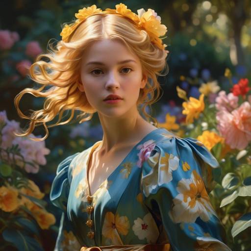 Young Girl in Floral Dress in Garden