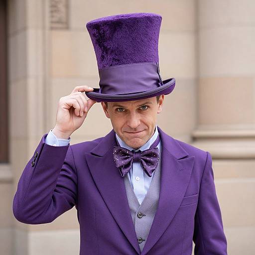 Photograph of a Caucasian man in a purple top hat and suit, adjusting his hat, wearing a blue bow tie and grey vest, standing in front