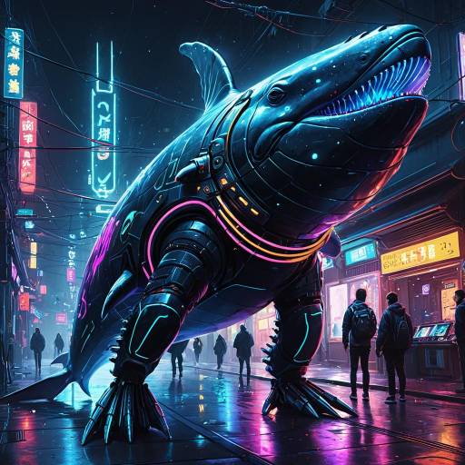 Cybernetic Neon Whale in Futuristic City
