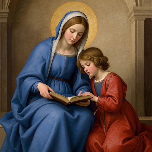 Digital painting of a serene Mother Mary in blue robes, with a golden halo, reading a book to a young, brown-haired child in red attire.