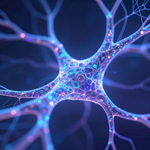 Digital CGI of a glowing, blue and purple neural network with intricate, branching fibers and glowing nodes against a dark blue background.