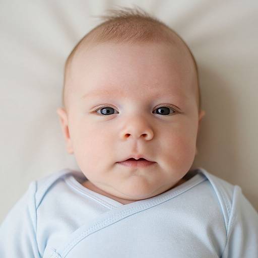 Photograph of a chubby, fair-skinned baby with light brown hair, large dark eyes, and a slight smile, wearing a light blue onesie