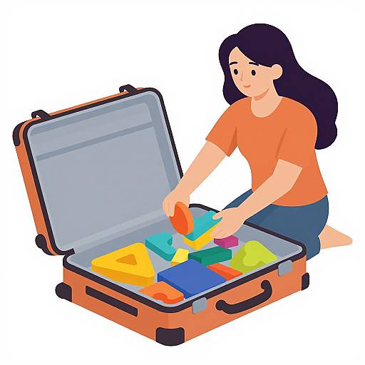 Illustration of a woman with long black hair, wearing an orange shirt and blue pants, organizing colorful geometric blocks in an open orange suitcase.