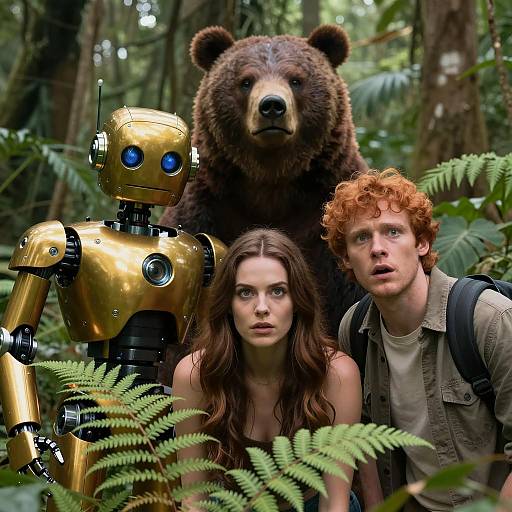 Man, Woman, Robot, and Bear in Jungle
