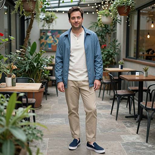 Photograph of a bearded man in a blue jacket, white shirt, beige pants, and black slip-on shoes, standing in a lush, plant