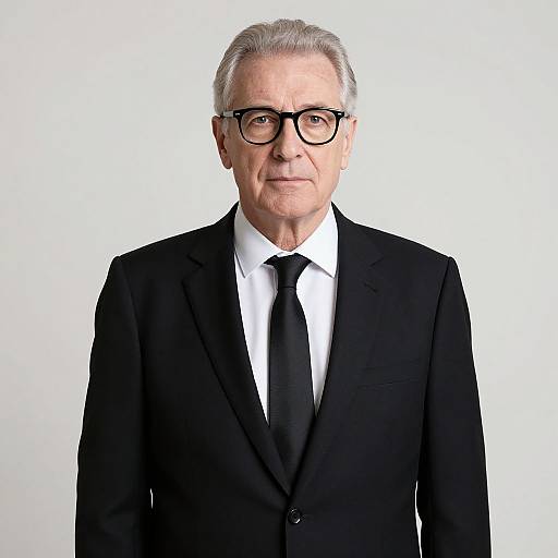 Photograph of an elderly man with gray hair, black-rimmed glasses, wearing a black suit, white shirt, and black tie, against a