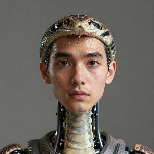 Photograph of an Asian man with a snake helmet, scales on his head, and a robotic snake-like neck, wearing armored shoulders. Neutral gray background